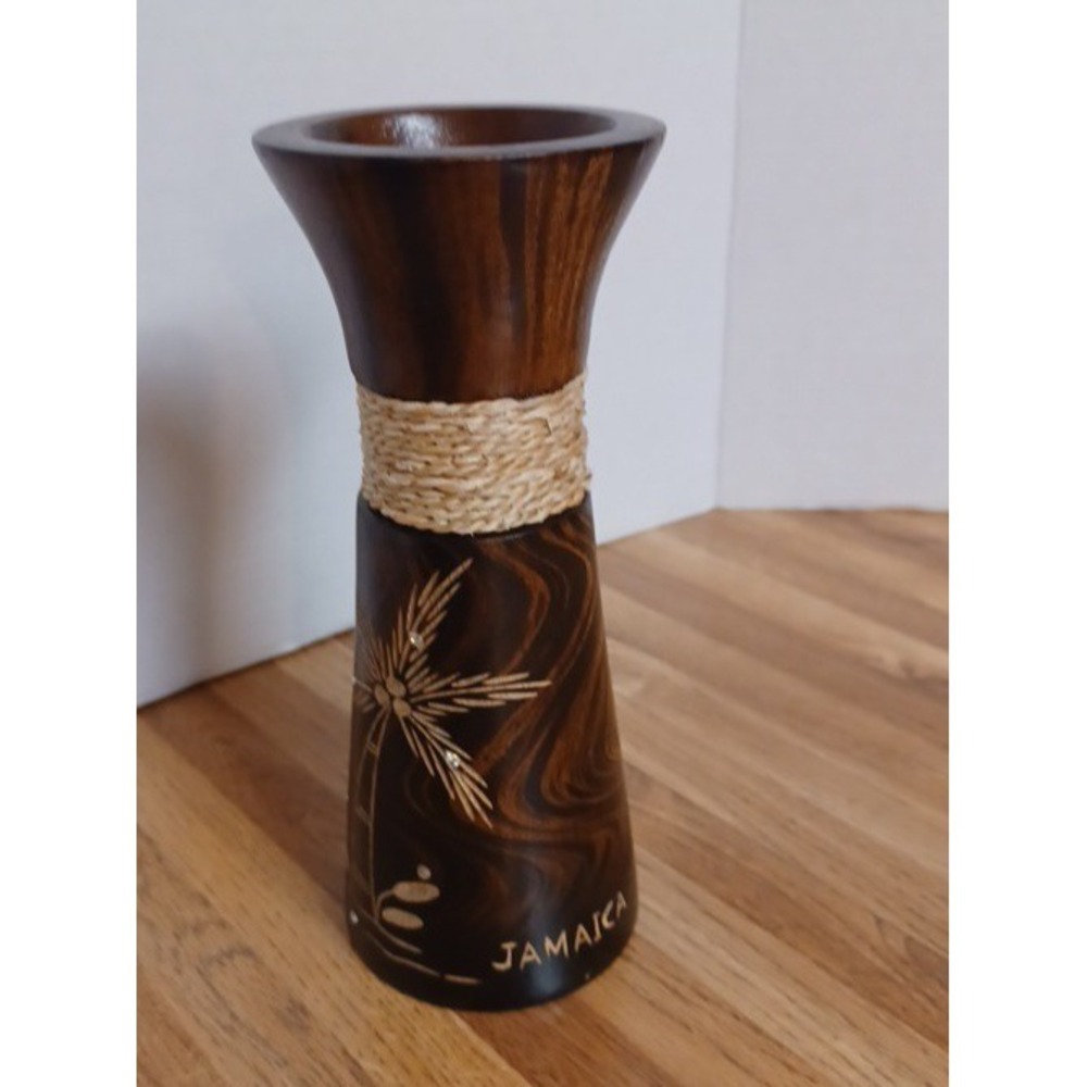 Natures Beauty Etched Flower and Rope Mango Tree Wooden Bouquet Vase